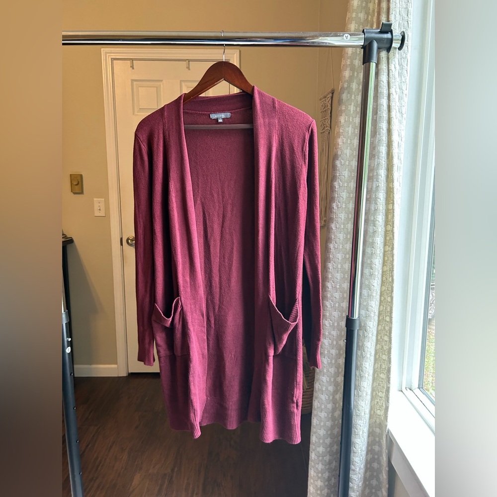 Women's Burgundy Open Front Long Knit Cardigan